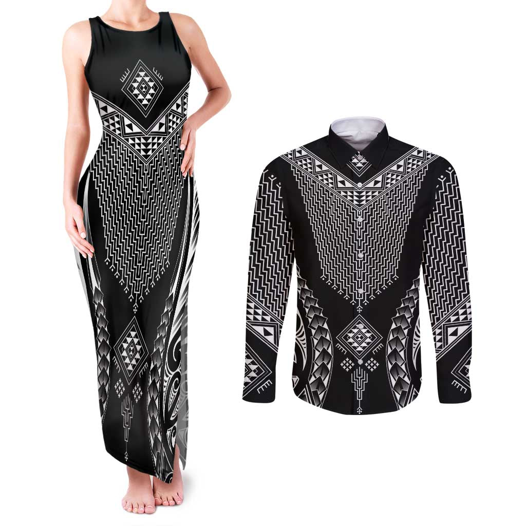 2025 Rugby Championship New Zealand Custom Couples Matching Tank Maxi Dress and Long Sleeve Button Shirt Poutama Motifs LT7 Black - Polynesian Pride