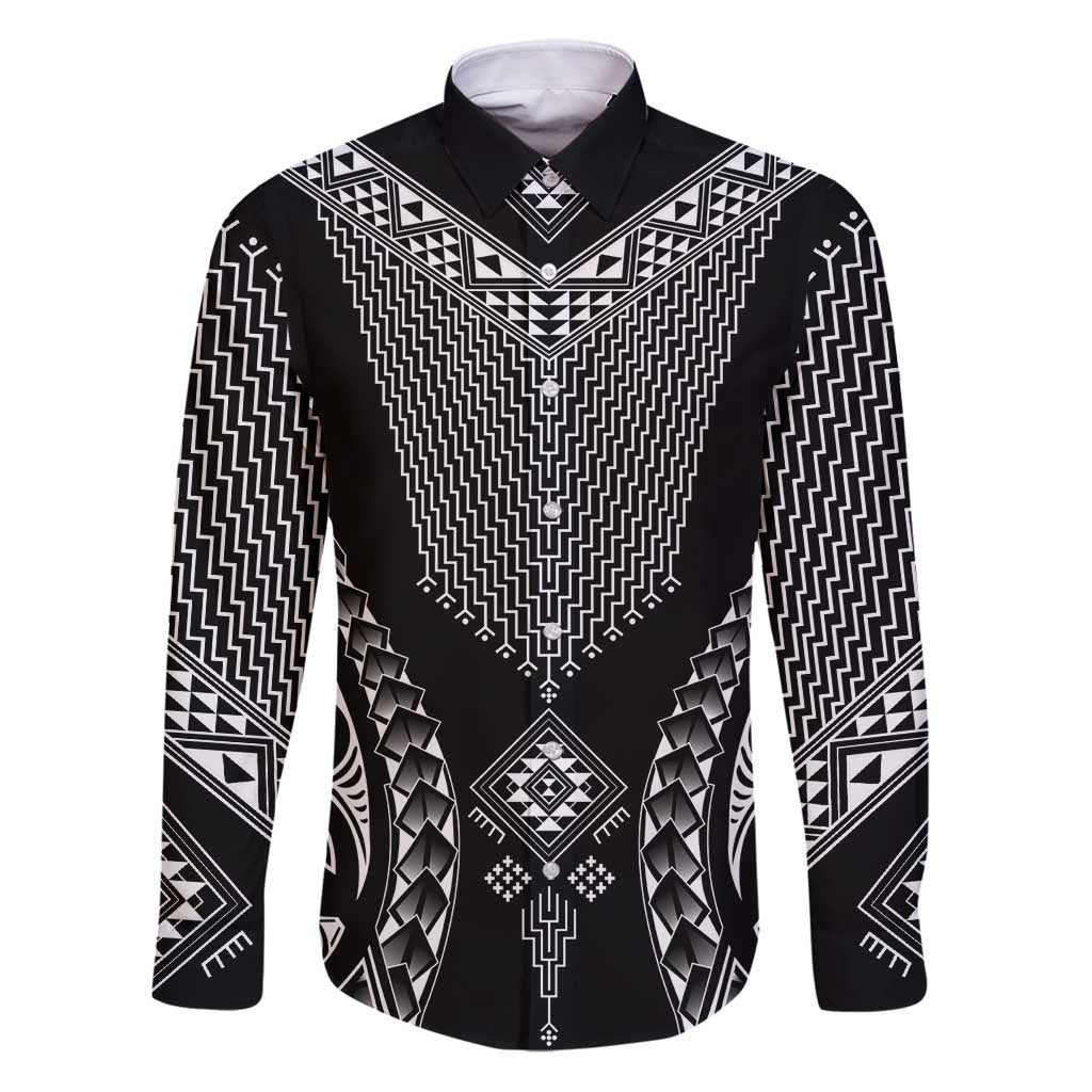 2025 Rugby Championship New Zealand Custom Family Matching Puletasi and Hawaiian Shirt Poutama Motifs LT7 Dad's Shirt - Long Sleeve Black - Polynesian Pride