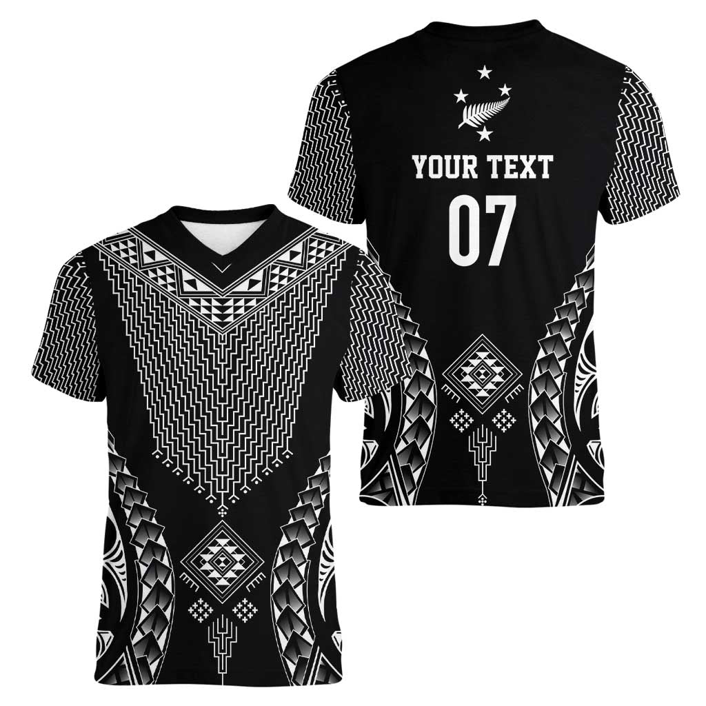 2025 Rugby Championship New Zealand Custom Women V-Neck T-Shirt Poutama Motifs LT7 - Polynesian Pride