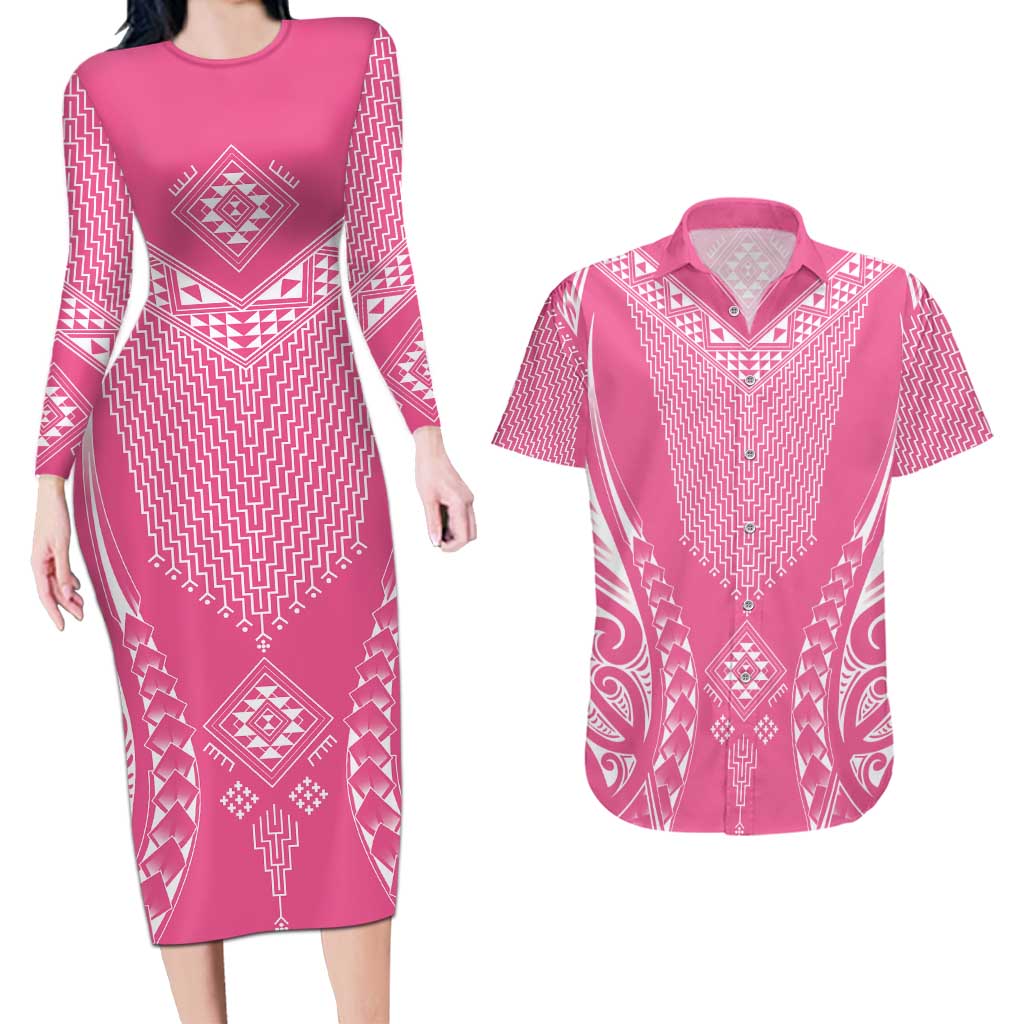 2025 Rugby Championship New Zealand Custom Couples Matching Long Sleeve Bodycon Dress and Hawaiian Shirt Poutama Motifs - Pink Out LT7 Pink - Polynesian Pride