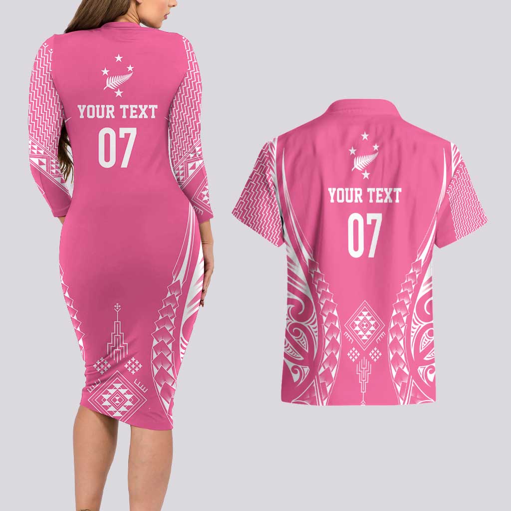 2025 Rugby Championship New Zealand Custom Couples Matching Long Sleeve Bodycon Dress and Hawaiian Shirt Poutama Motifs - Pink Out LT7 - Polynesian Pride