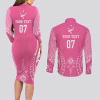 2025 Rugby Championship New Zealand Custom Couples Matching Long Sleeve Bodycon Dress and Long Sleeve Button Shirt Poutama Motifs - Pink Out LT7 - Polynesian Pride