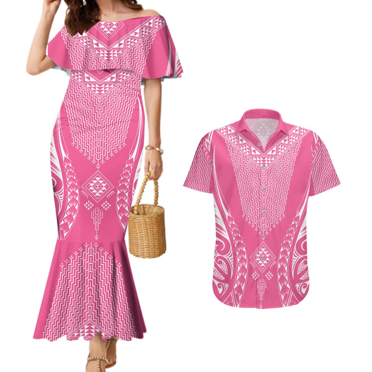 2025 Rugby Championship New Zealand Custom Couples Matching Mermaid Dress and Hawaiian Shirt Poutama Motifs - Pink Out LT7 Pink - Polynesian Pride