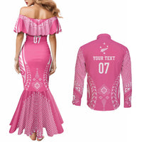2025 Rugby Championship New Zealand Custom Couples Matching Mermaid Dress and Long Sleeve Button Shirt Poutama Motifs - Pink Out LT7 - Polynesian Pride