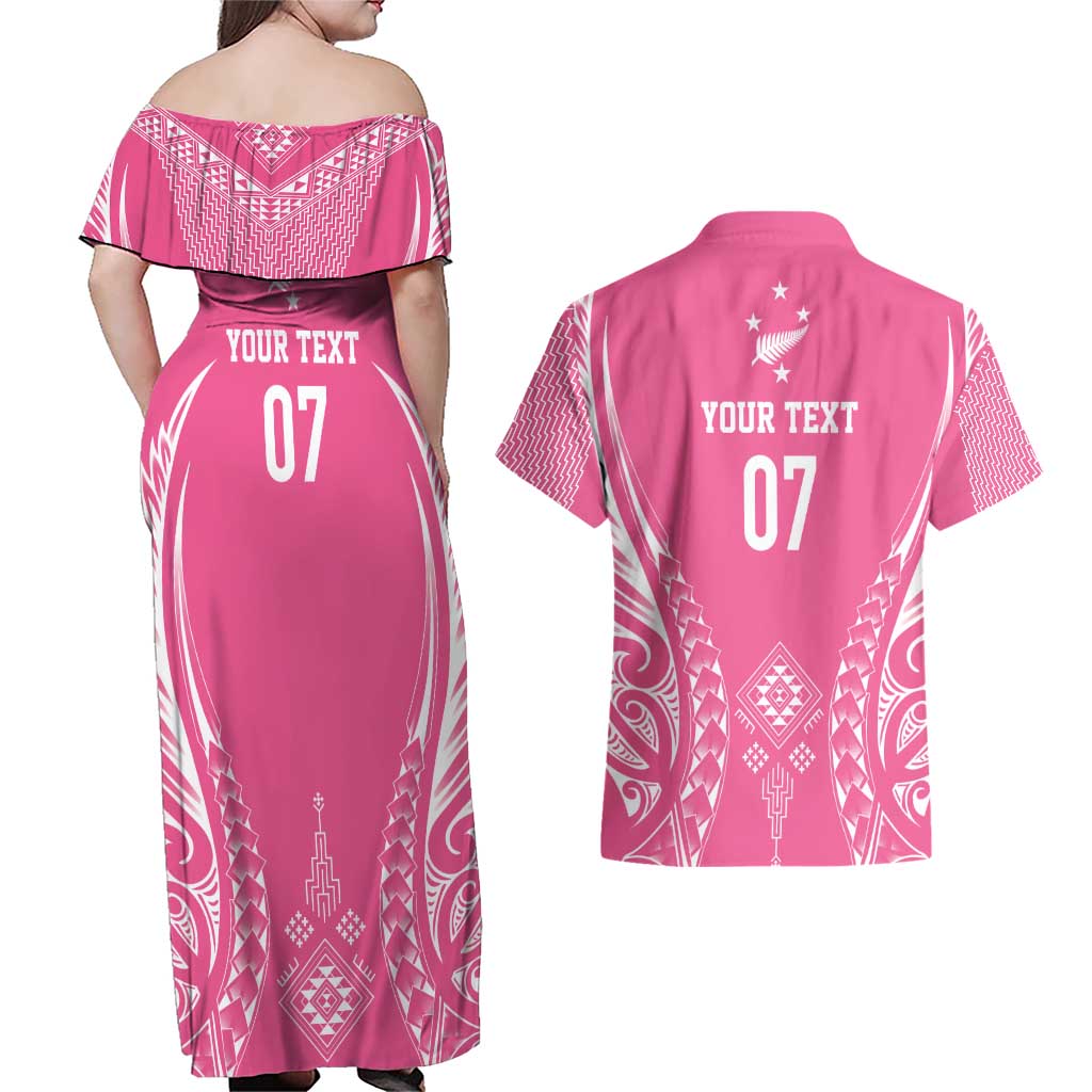 2025 Rugby Championship New Zealand Custom Couples Matching Off Shoulder Maxi Dress and Hawaiian Shirt Poutama Motifs - Pink Out LT7 - Polynesian Pride
