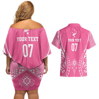 2025 Rugby Championship New Zealand Custom Couples Matching Off Shoulder Short Dress and Hawaiian Shirt Poutama Motifs - Pink Out LT7 - Polynesian Pride