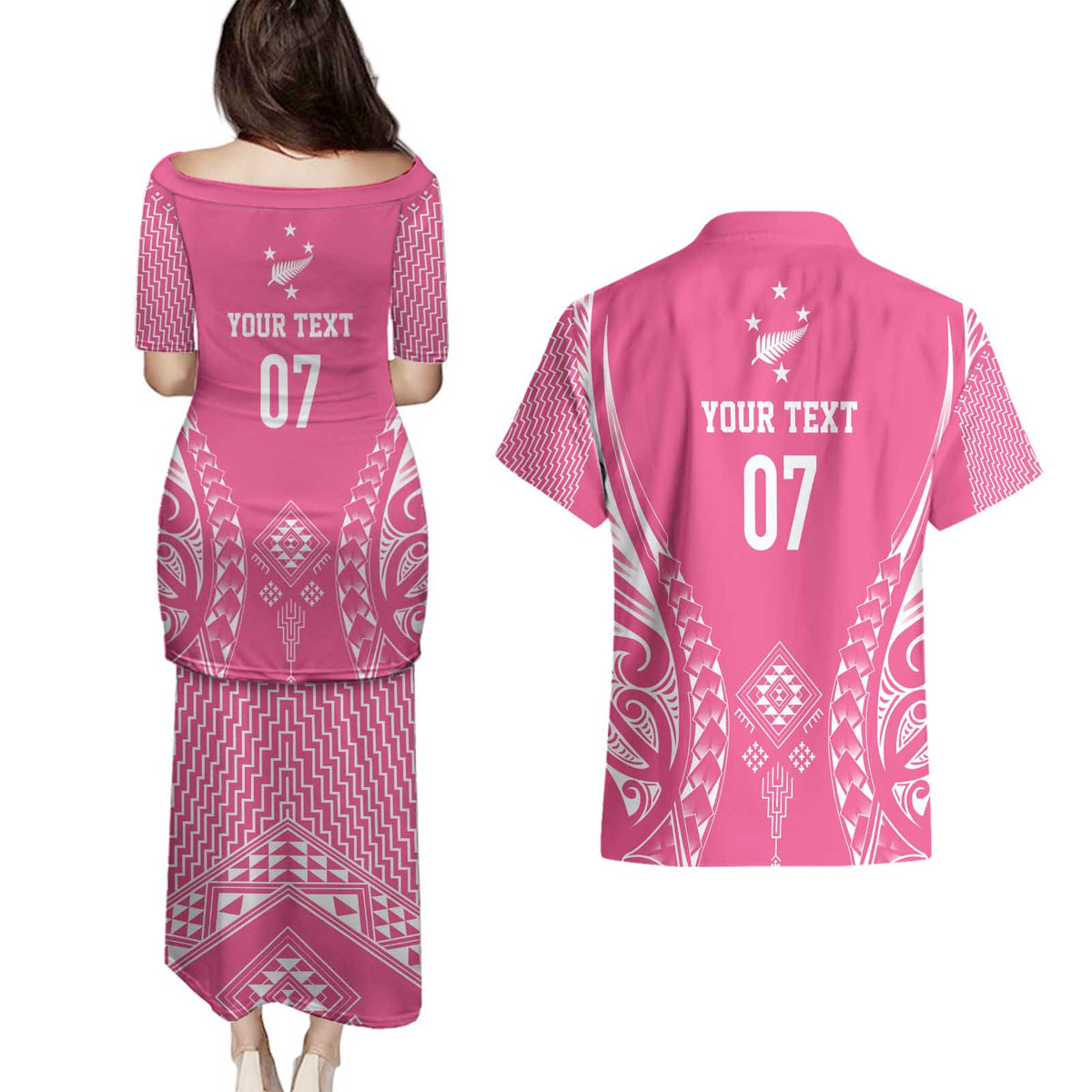2025 Rugby Championship New Zealand Custom Couples Matching Puletasi and Hawaiian Shirt Poutama Motifs - Pink Out LT7 - Polynesian Pride