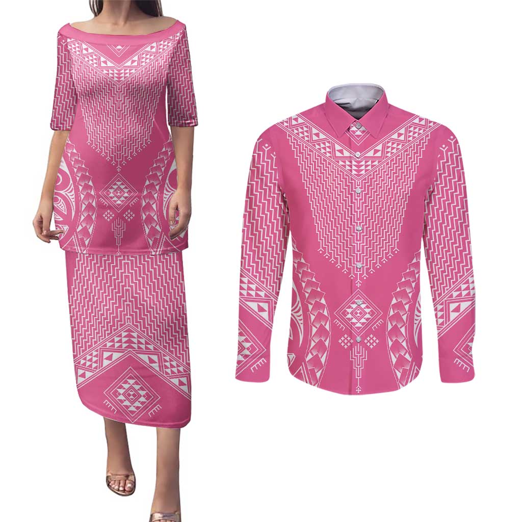 2025 Rugby Championship New Zealand Custom Couples Matching Puletasi and Long Sleeve Button Shirt Poutama Motifs - Pink Out LT7 Pink - Polynesian Pride