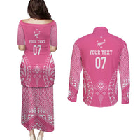 2025 Rugby Championship New Zealand Custom Couples Matching Puletasi and Long Sleeve Button Shirt Poutama Motifs - Pink Out LT7 - Polynesian Pride