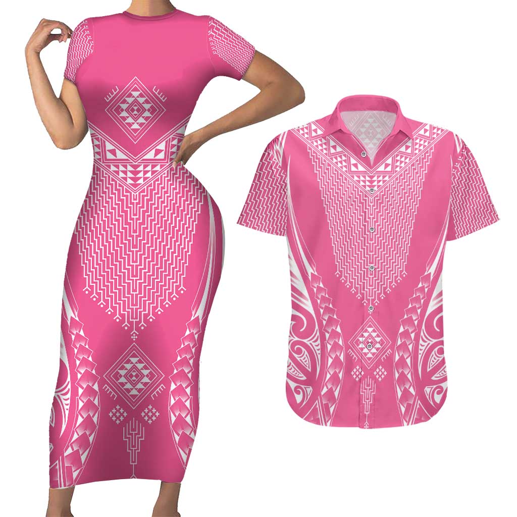 2025 Rugby Championship New Zealand Custom Couples Matching Short Sleeve Bodycon Dress and Hawaiian Shirt Poutama Motifs - Pink Out LT7 Pink - Polynesian Pride