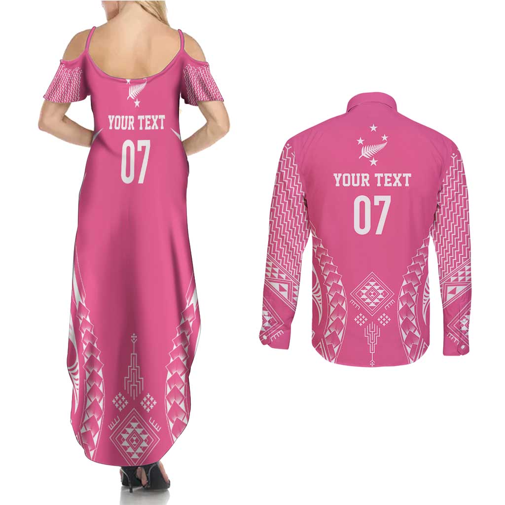 2025 Rugby Championship New Zealand Custom Couples Matching Summer Maxi Dress and Long Sleeve Button Shirt Poutama Motifs - Pink Out LT7 - Polynesian Pride