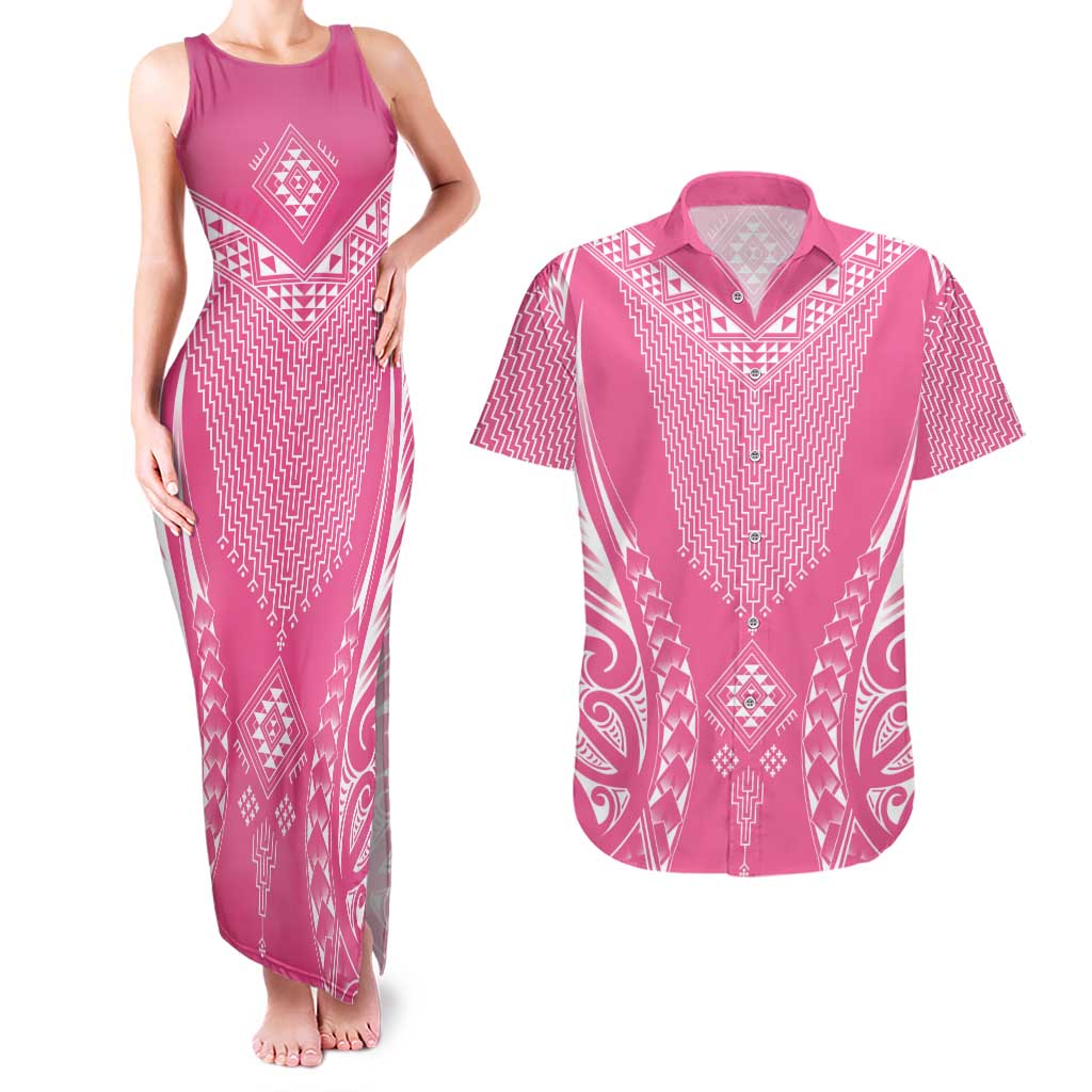2025 Rugby Championship New Zealand Custom Couples Matching Tank Maxi Dress and Hawaiian Shirt Poutama Motifs - Pink Out LT7 Pink - Polynesian Pride