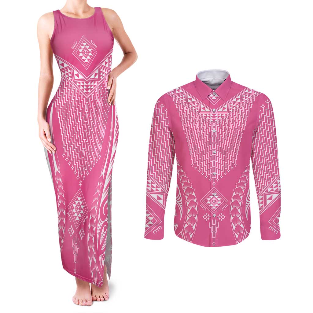 2025 Rugby Championship New Zealand Custom Couples Matching Tank Maxi Dress and Long Sleeve Button Shirt Poutama Motifs - Pink Out - Polynesian Pride