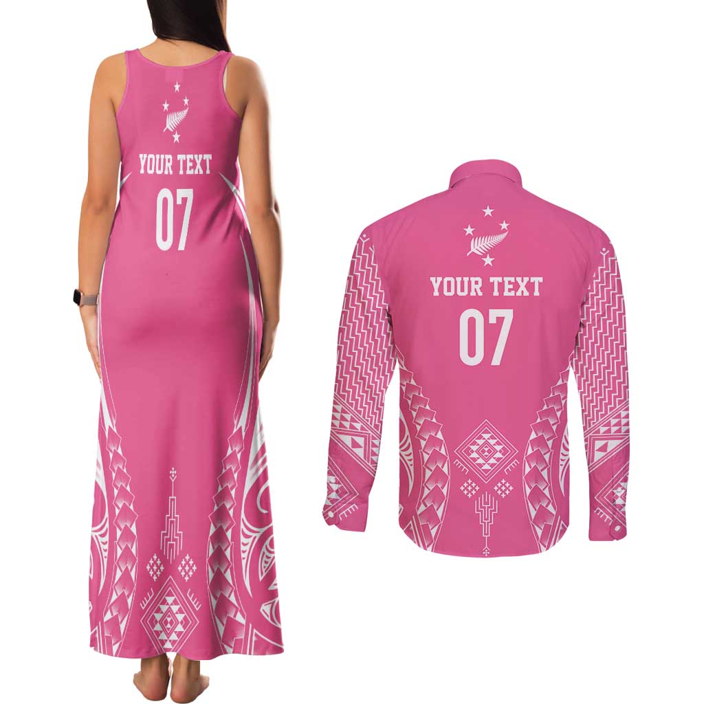 2025 Rugby Championship New Zealand Custom Couples Matching Tank Maxi Dress and Long Sleeve Button Shirt Poutama Motifs - Pink Out LT7 - Polynesian Pride
