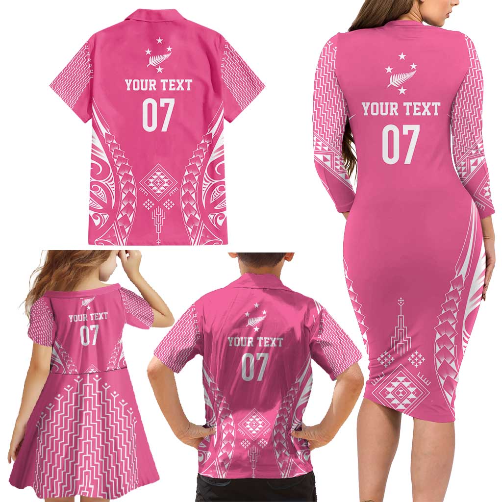 2025 Rugby Championship New Zealand Custom Family Matching Long Sleeve Bodycon Dress and Hawaiian Shirt Poutama Motifs - Pink Out LT7 - Polynesian Pride