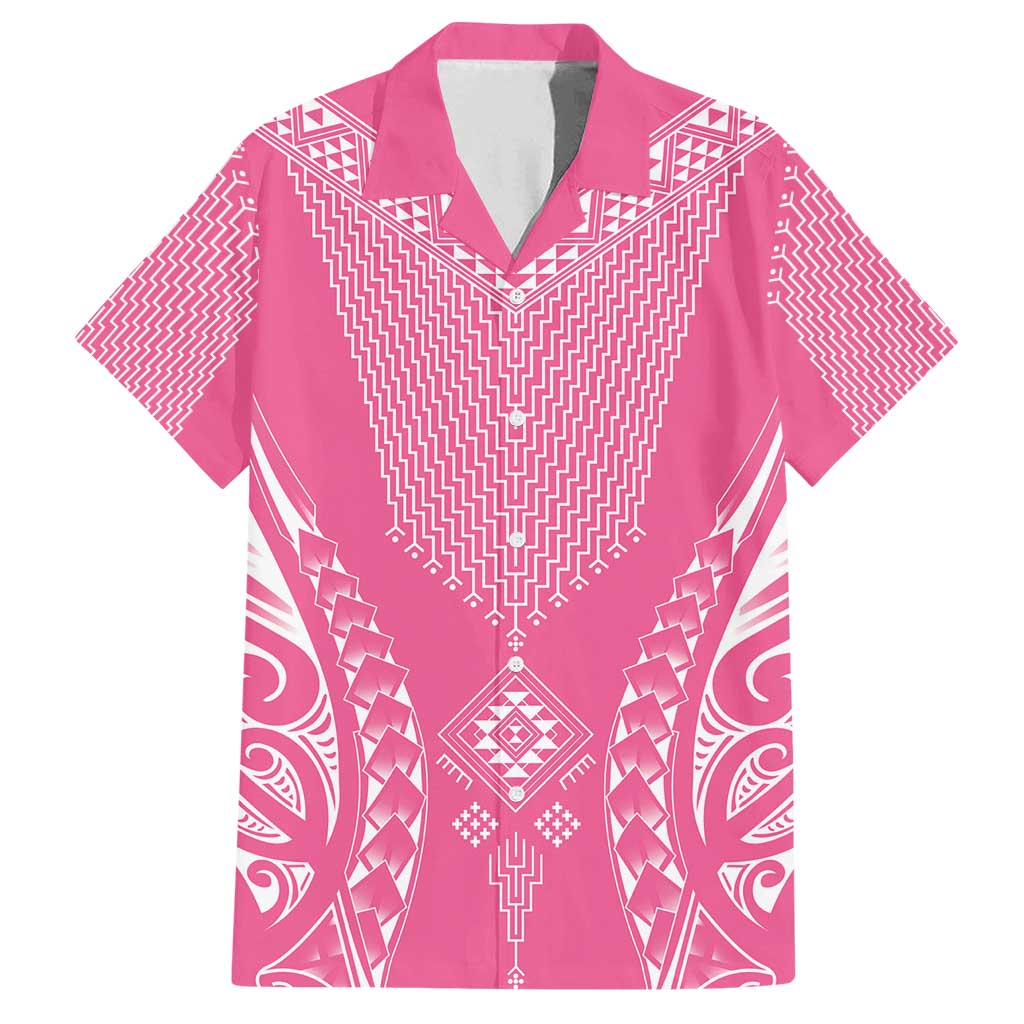 2025 Rugby Championship New Zealand Custom Family Matching Long Sleeve Bodycon Dress and Hawaiian Shirt Poutama Motifs - Pink Out LT7 Dad's Shirt - Short Sleeve Pink - Polynesian Pride