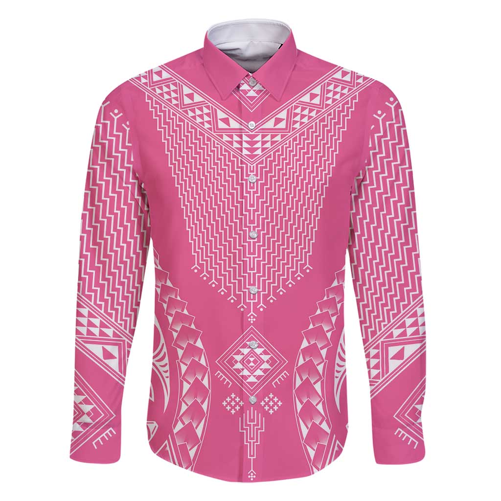 2025 Rugby Championship New Zealand Custom Family Matching Long Sleeve Bodycon Dress and Hawaiian Shirt Poutama Motifs - Pink Out LT7 Dad's Shirt - Long Sleeve Pink - Polynesian Pride