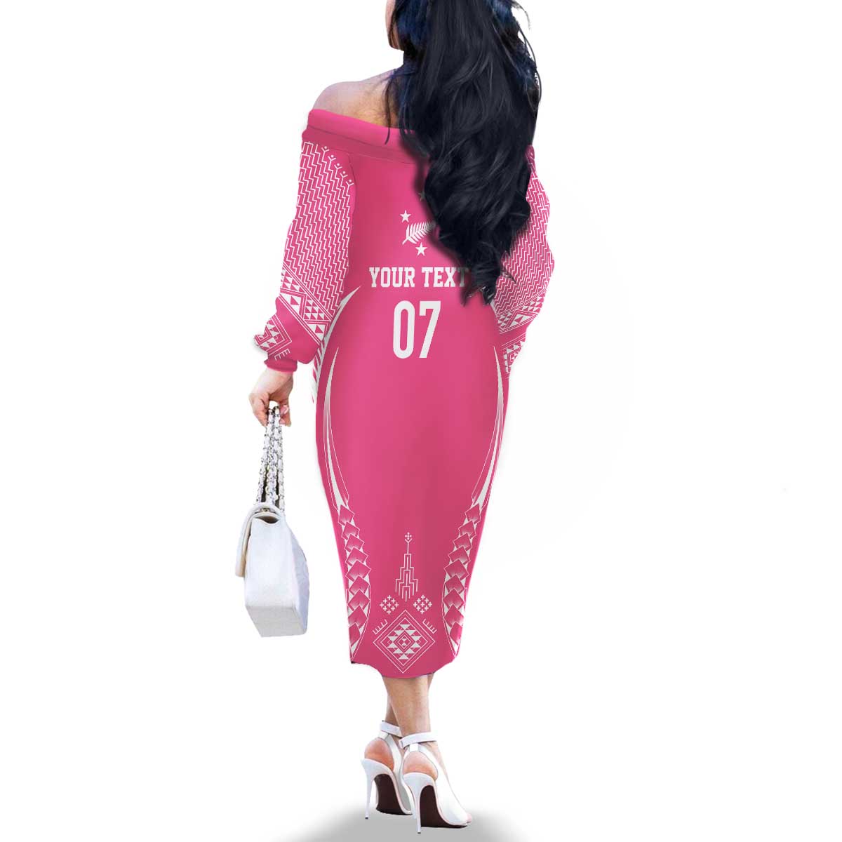 2025 Rugby Championship New Zealand Custom Family Matching Off The Shoulder Long Sleeve Dress and Hawaiian Shirt Poutama Motifs - Pink Out - Polynesian Pride