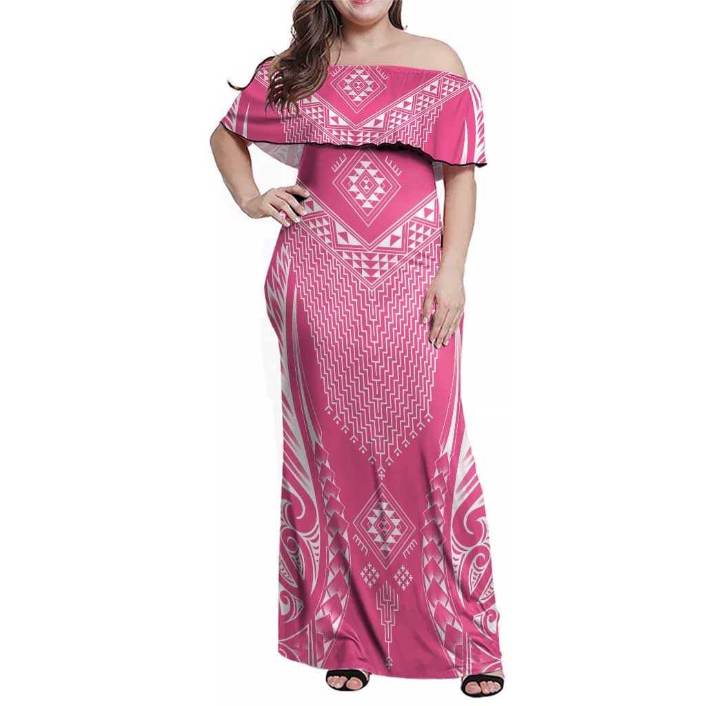 2025 Rugby Championship New Zealand Custom Family Matching Off Shoulder Maxi Dress and Hawaiian Shirt Poutama Motifs - Pink Out - Polynesian Pride