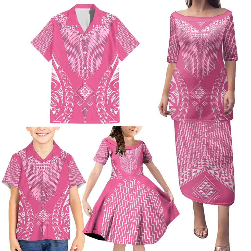 2025 Rugby Championship New Zealand Custom Family Matching Puletasi and Hawaiian Shirt Poutama Motifs - Pink Out LT7 - Polynesian Pride
