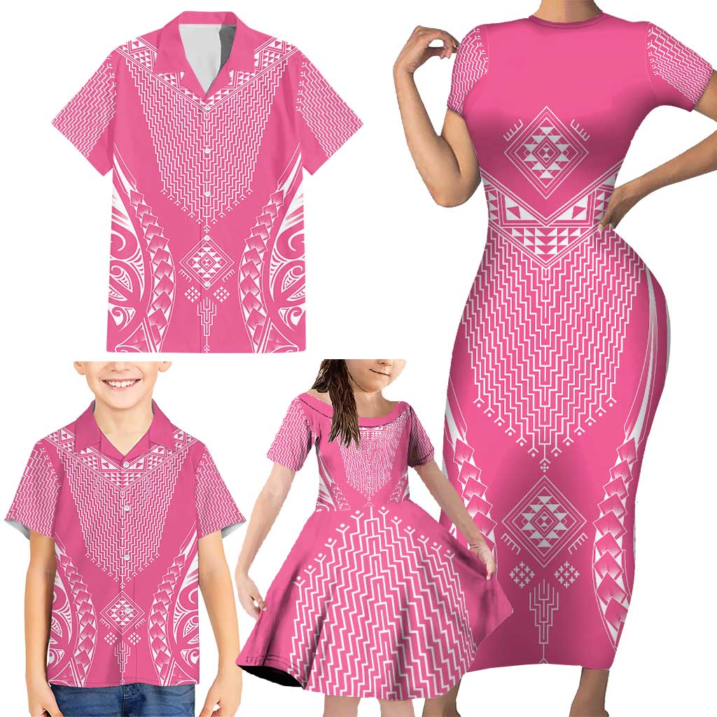 2025 Rugby Championship New Zealand Custom Family Matching Short Sleeve Bodycon Dress and Hawaiian Shirt Poutama Motifs - Pink Out LT7 - Polynesian Pride