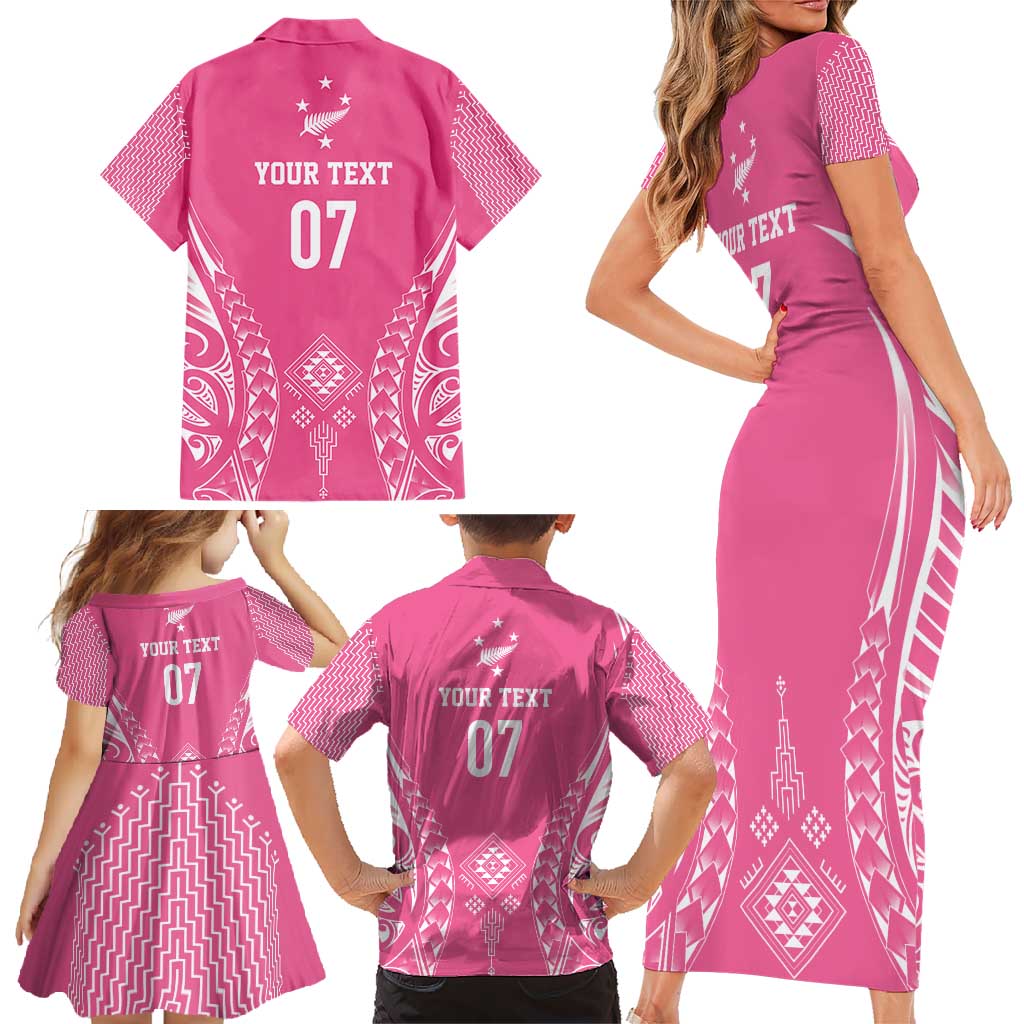 2025 Rugby Championship New Zealand Custom Family Matching Short Sleeve Bodycon Dress and Hawaiian Shirt Poutama Motifs - Pink Out LT7 - Polynesian Pride