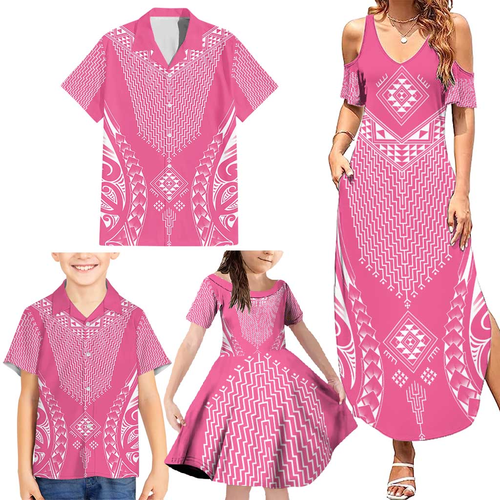 2025 Rugby Championship New Zealand Custom Family Matching Summer Maxi Dress and Hawaiian Shirt Poutama Motifs - Pink Out - Polynesian Pride