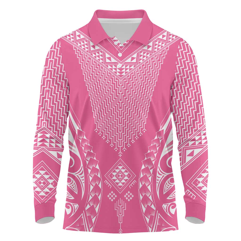 2025 Rugby Championship New Zealand Custom Long Sleeve Polo Shirt Poutama Motifs - Pink Out - Polynesian Pride