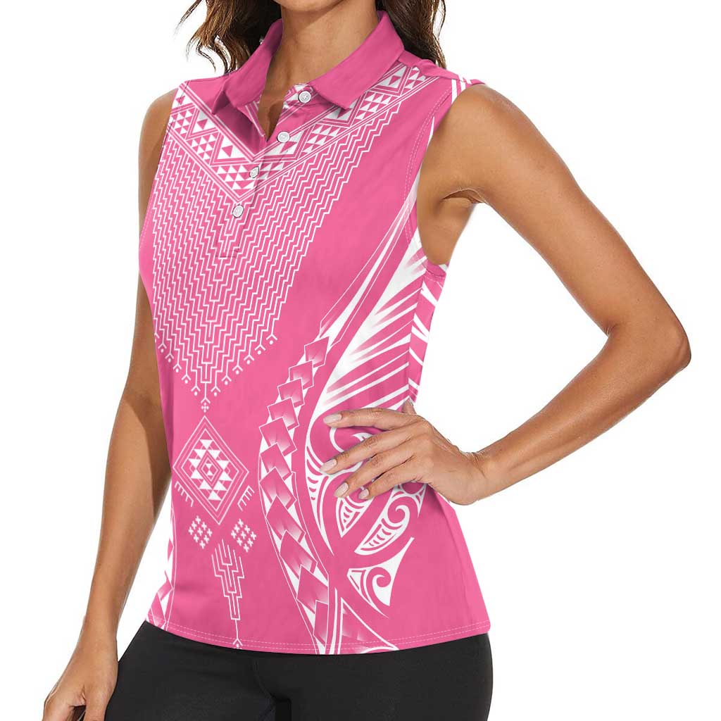 2025 Rugby Championship New Zealand Custom Women Sleeveless Polo Shirt Poutama Motifs - Pink Out LT7 - Polynesian Pride
