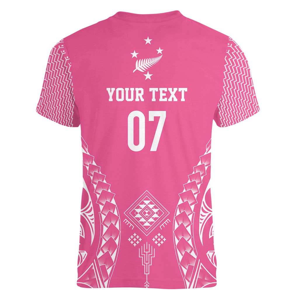 2025 Rugby Championship New Zealand Custom Women V-Neck T-Shirt Poutama Motifs - Pink Out LT7 - Polynesian Pride