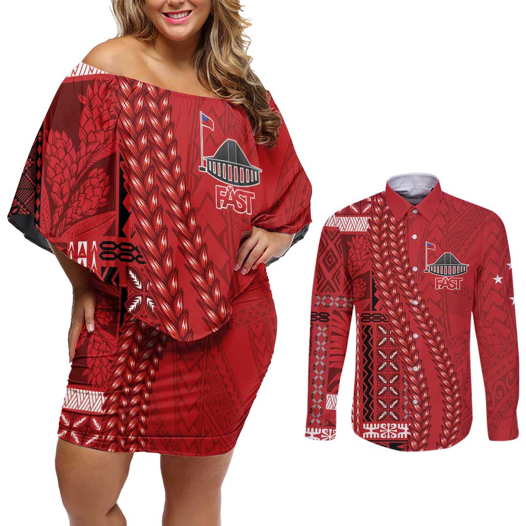 Samoa FAST Siapo Couples Matching Off Shoulder Short Dress and Long Sleeve Button Shirt Tatau-Ulafala Vines - Polynesian Pride