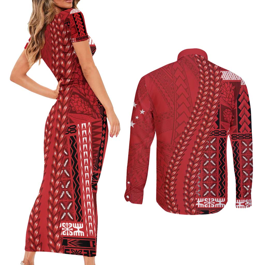 Samoa FAST Siapo Couples Matching Short Sleeve Bodycon Dress and Long Sleeve Button Shirt Tatau-Ulafala Vines - Polynesian Pride