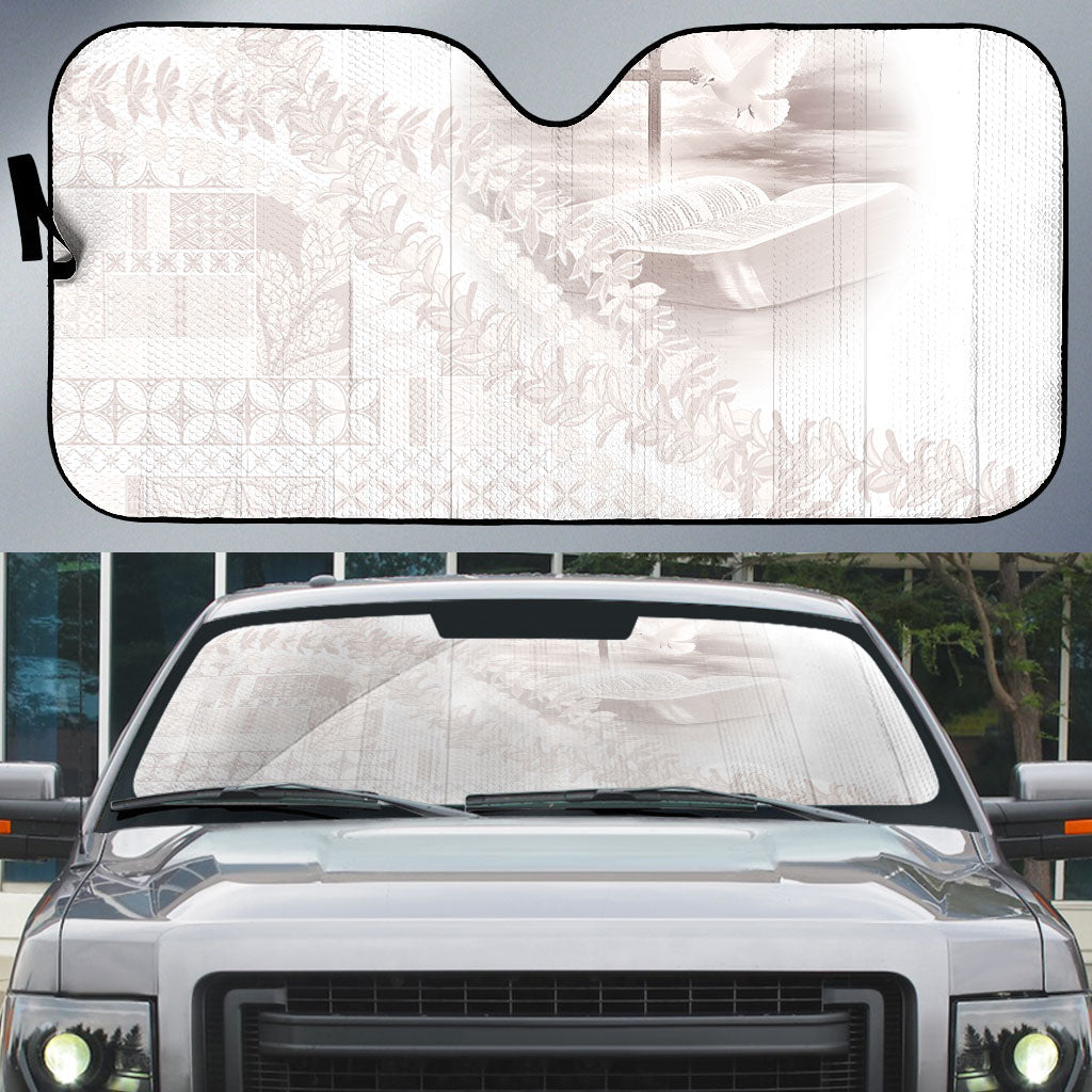 Samoa Lotu Tamaiti White Prayers Auto Sun Shade Floral Mamanu Siapo LT7 White - Polynesian Pride