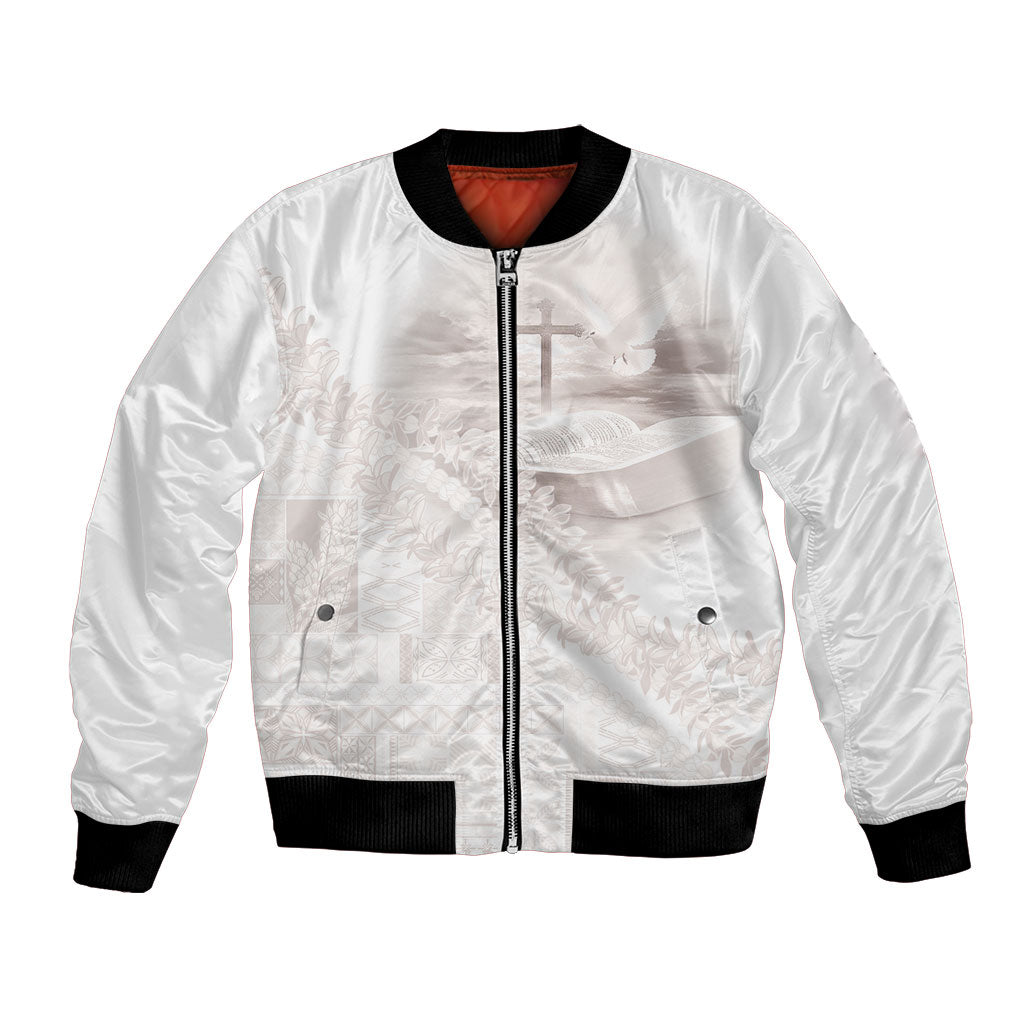 Samoa Lotu Tamaiti White Prayers Bomber Jacket Floral Mamanu Siapo LT7 Unisex White - Polynesian Pride