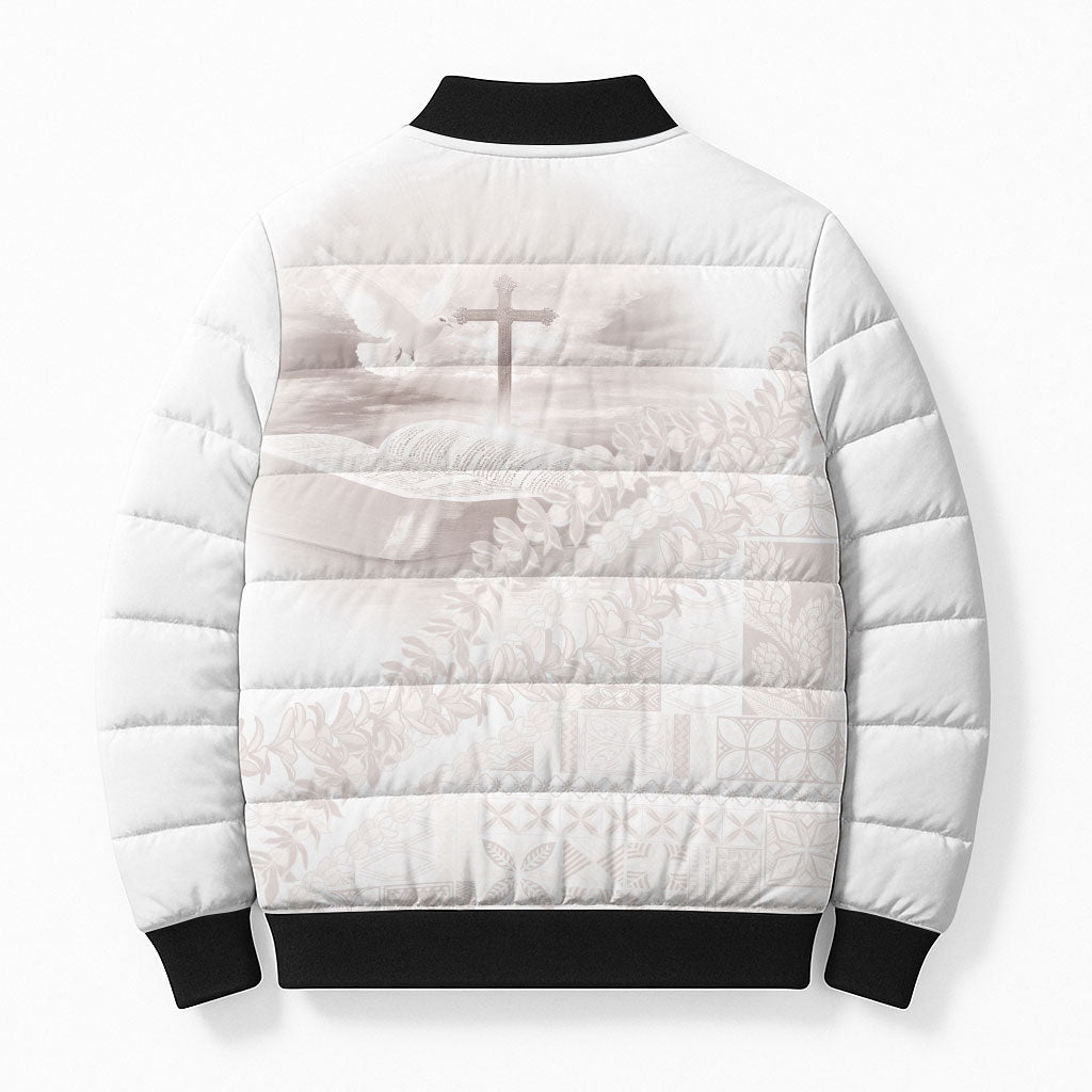 Samoa Lotu Tamaiti White Prayers Bomber Puffer Jacket Floral Mamanu Siapo LT7 - Polynesian Pride