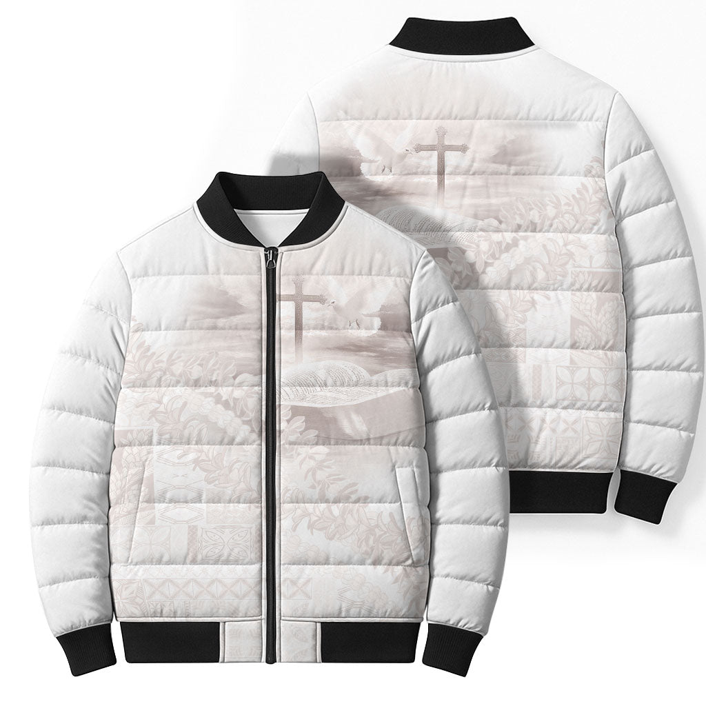 Samoa Lotu Tamaiti White Prayers Bomber Puffer Jacket Floral Mamanu Siapo LT7 - Polynesian Pride