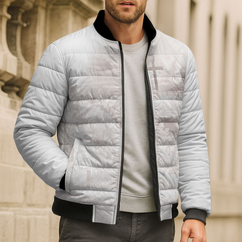 Samoa Lotu Tamaiti White Prayers Bomber Puffer Jacket Floral Mamanu Siapo LT7 - Polynesian Pride