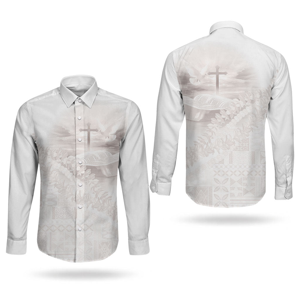 Samoa Lotu Tamaiti White Prayers Couples Matching Off Shoulder Maxi Dress and Long Sleeve Button Shirt Floral Mamanu Siapo LT7 - Polynesian Pride