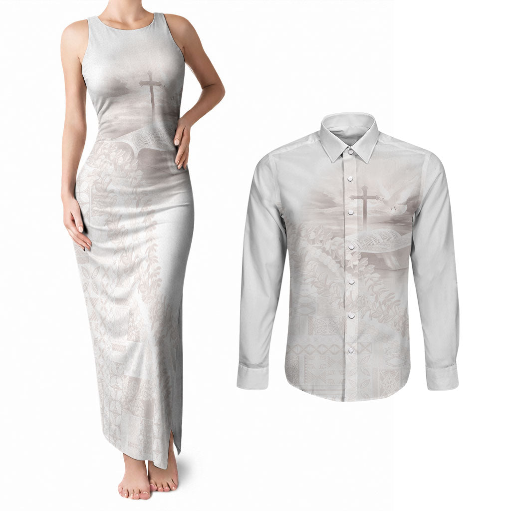 Samoa Lotu Tamaiti White Prayers Couples Matching Tank Maxi Dress and Long Sleeve Button Shirt Floral Mamanu Siapo LT7 White - Polynesian Pride