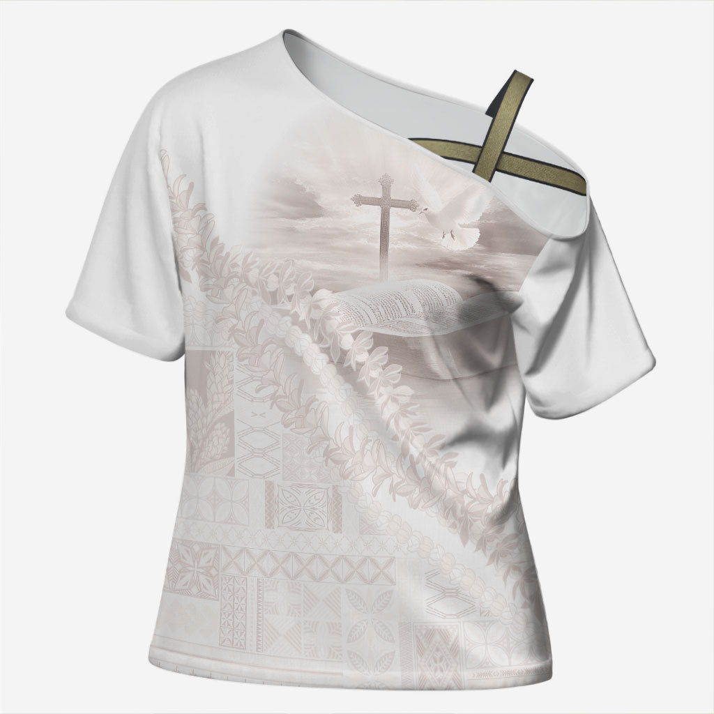 Samoa Lotu Tamaiti White Prayers Cross Shoulder Shirt Floral Mamanu Siapo LT7 Female White - Polynesian Pride