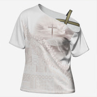Samoa Lotu Tamaiti White Prayers Cross Shoulder Shirt Floral Mamanu Siapo LT7 Female White - Polynesian Pride