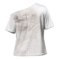Samoa Lotu Tamaiti White Prayers Cross Shoulder Shirt Floral Mamanu Siapo LT7 - Polynesian Pride