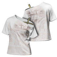 Samoa Lotu Tamaiti White Prayers Cross Shoulder Shirt Floral Mamanu Siapo LT7 - Polynesian Pride
