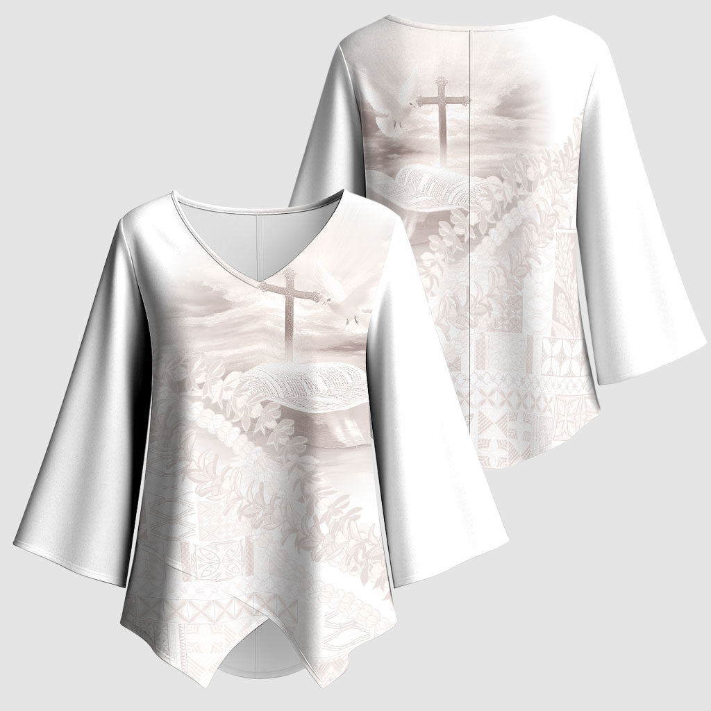 Samoa Lotu Tamaiti White Prayers Kimono Sleeve Blouse Floral Mamanu Siapo LT7 - Polynesian Pride