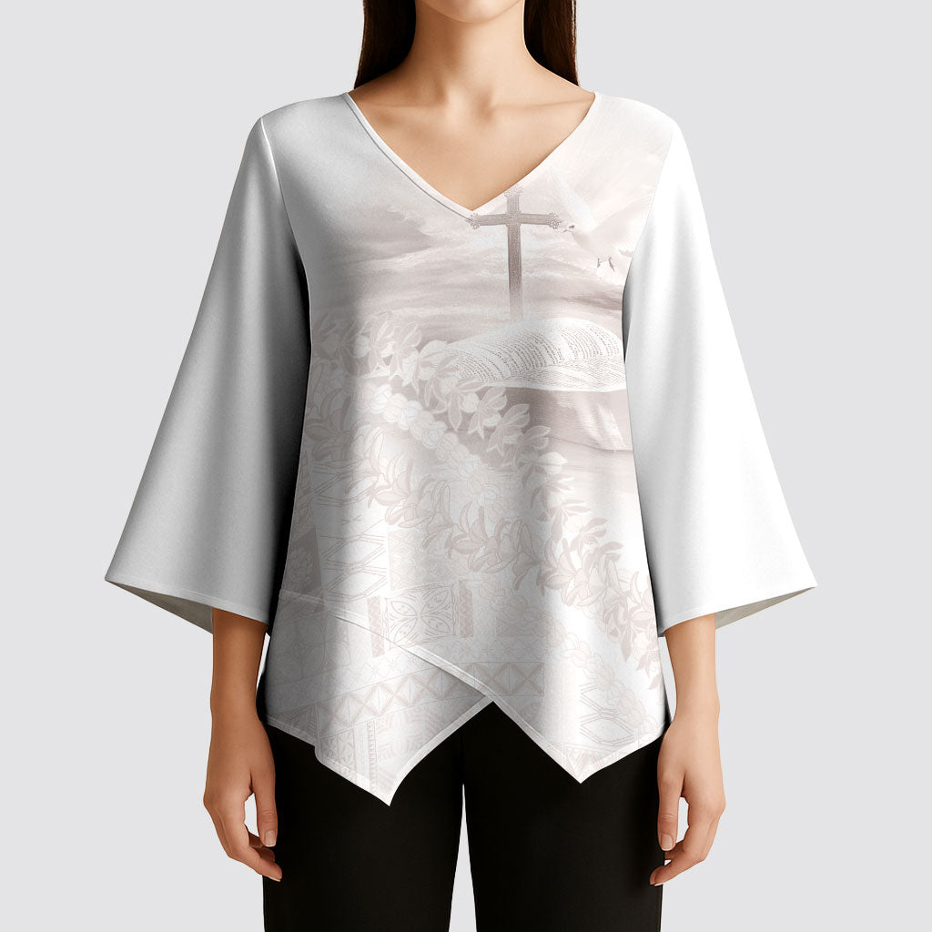 Samoa Lotu Tamaiti White Prayers Kimono Sleeve Blouse Floral Mamanu Siapo LT7 - Polynesian Pride
