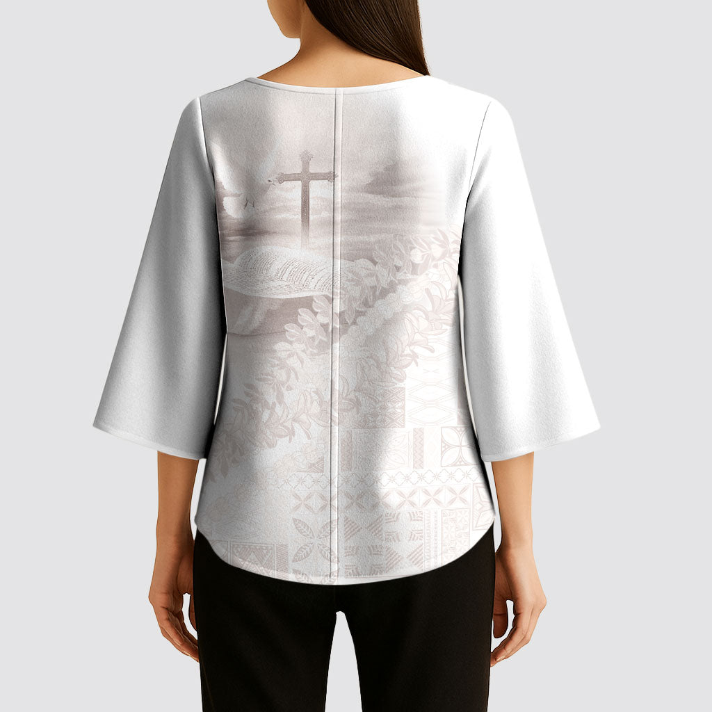 Samoa Lotu Tamaiti White Prayers Kimono Sleeve Blouse Floral Mamanu Siapo LT7 - Polynesian Pride