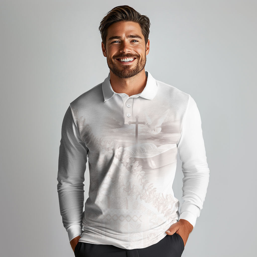 Samoa Lotu Tamaiti White Prayers Long Sleeve Polo Shirt Floral Mamanu Siapo LT7 - Polynesian Pride