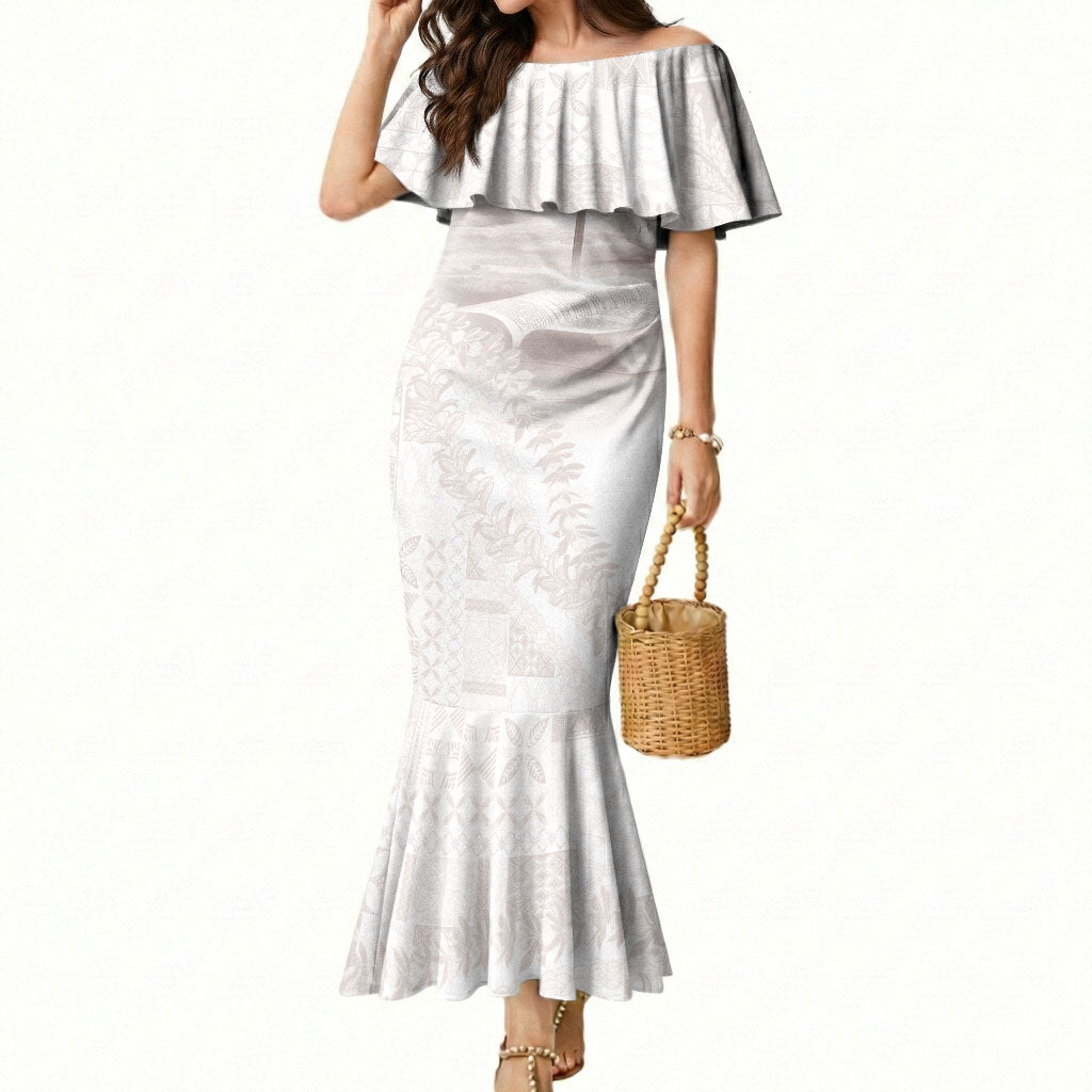Samoa Lotu Tamaiti White Prayers Mermaid Dress Floral Mamanu Siapo LT7 Women White - Polynesian Pride