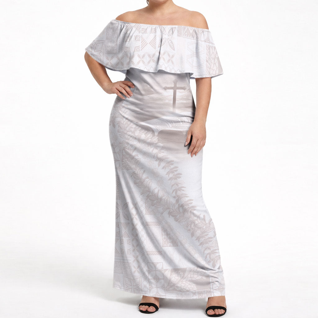 Samoa Lotu Tamaiti White Prayers Off Shoulder Maxi Dress Floral Mamanu Siapo LT7 Women White - Polynesian Pride
