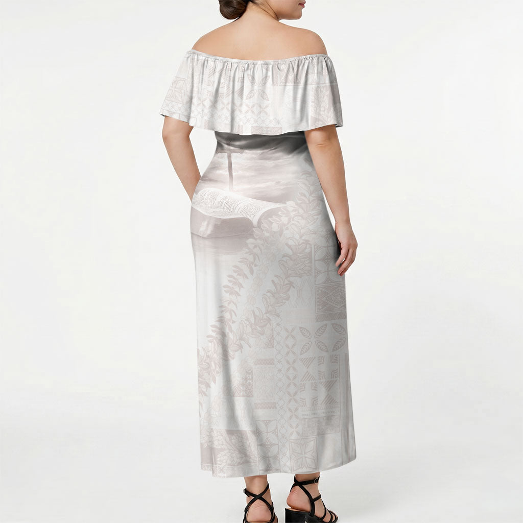 Samoa Lotu Tamaiti White Prayers Off Shoulder Maxi Dress Floral Mamanu Siapo LT7 - Polynesian Pride